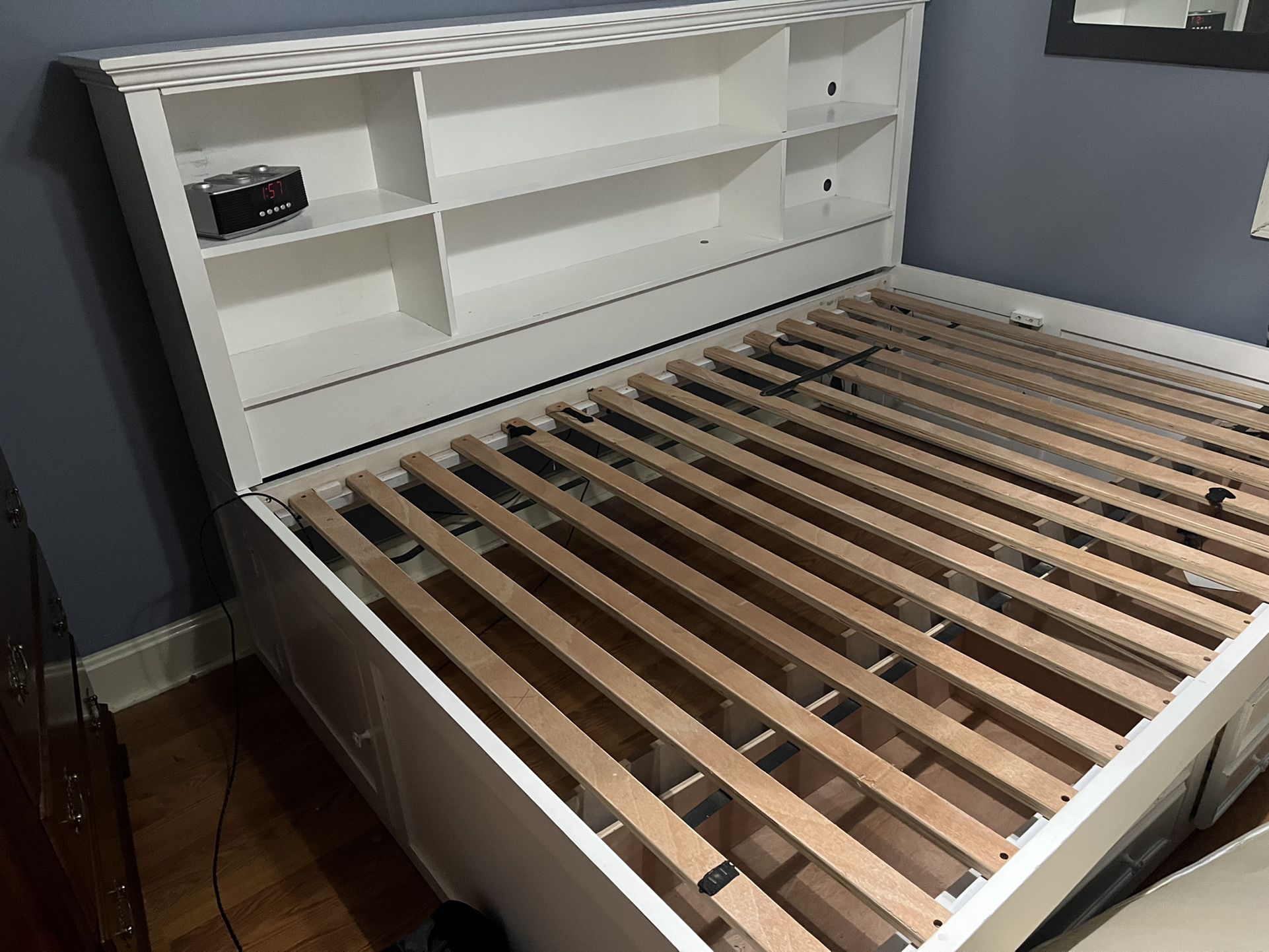 Full Size Bed Frame With Book Shelf Head Board  