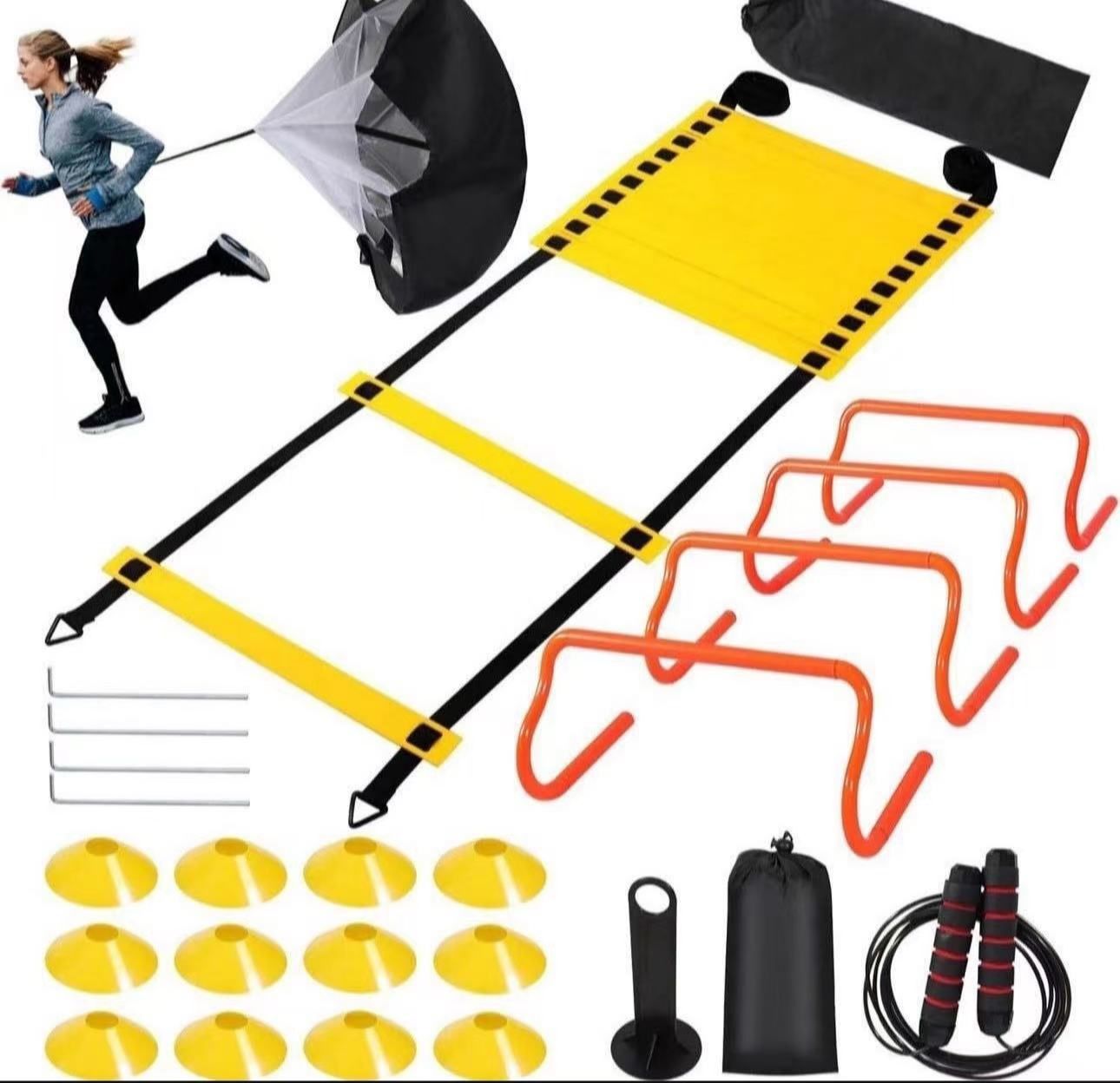 Agility Ladder Speed Training Equipment Set-20ft Agility Ladder,12 Soccer Cones,4 Hurdles, Jump Rope, Running Parachute| Basketball Football Soccer Tr