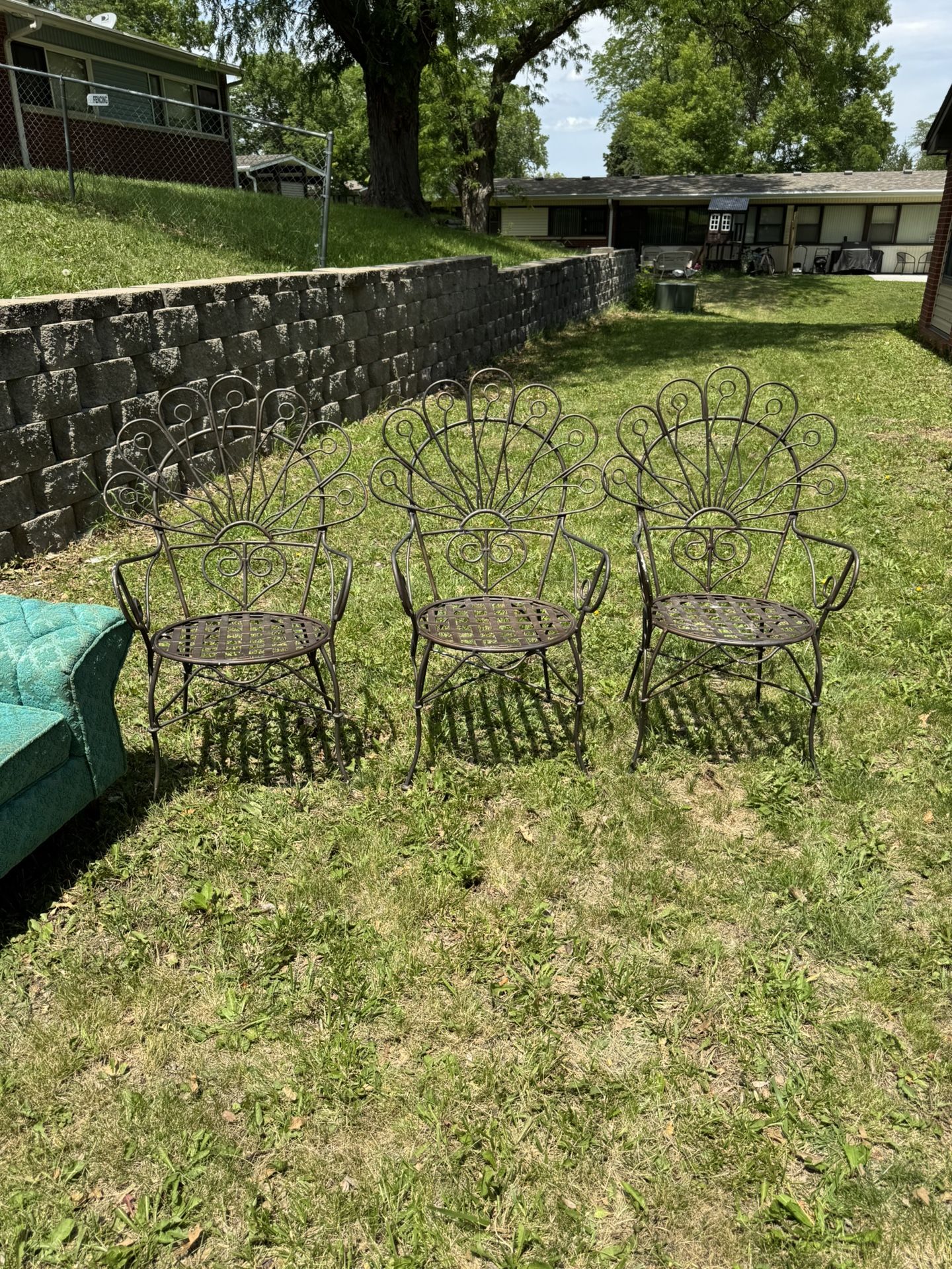 Must Sell ASAP 3 Wrought Iron Peacock Scroll Chairs Vintage