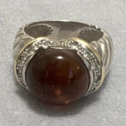 Silver Cocktail Ring Amber Cabochon Oval Bezel Set Brown Gemstone Metal
