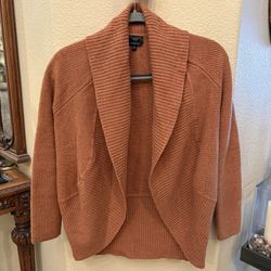 TALBOTS Rusty Orange Merino Wool Ribbed Open-Front Shawl Collar Cardigan Size MP