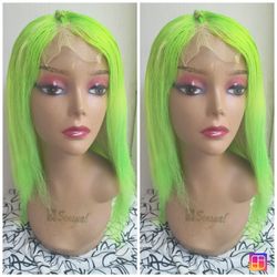 14" Brazilian Virgin Lime Green Straight 4x4 Closure Human Hair Wig 