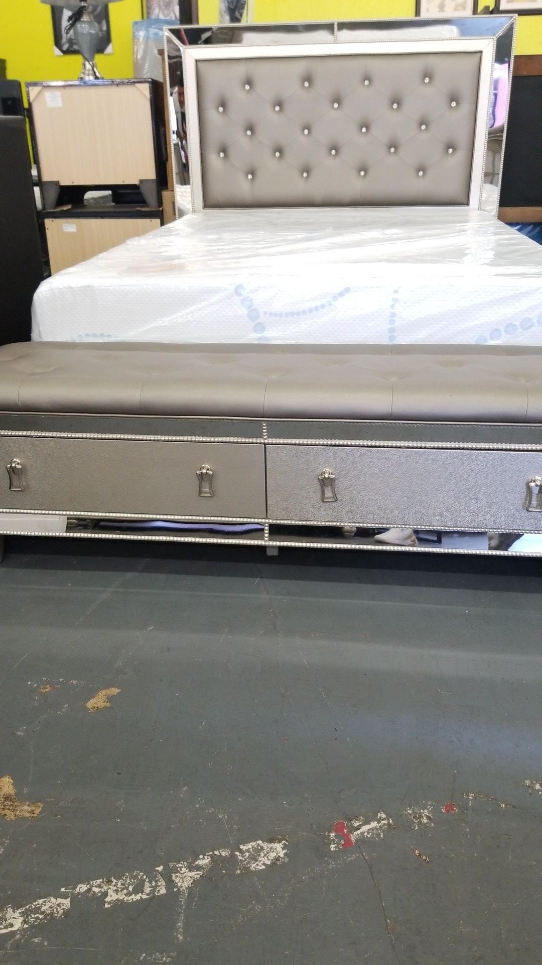 Queen size mirror bed frame with bench and storage drawer