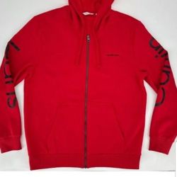 CALVIN KLEIN HOODIE MEN'S LARGE ICONIC LOGO FLEECE FULL ZIPPER BARBADOS CHERRY RED SIZE LARGE BRAND NEW WITH TAGS CHECK OUT MY OFFERS. 
