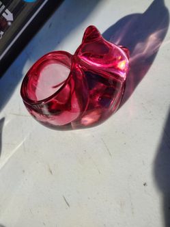 1950s Indiana glass beautiful cranberry sleeping cat candle holder 3
