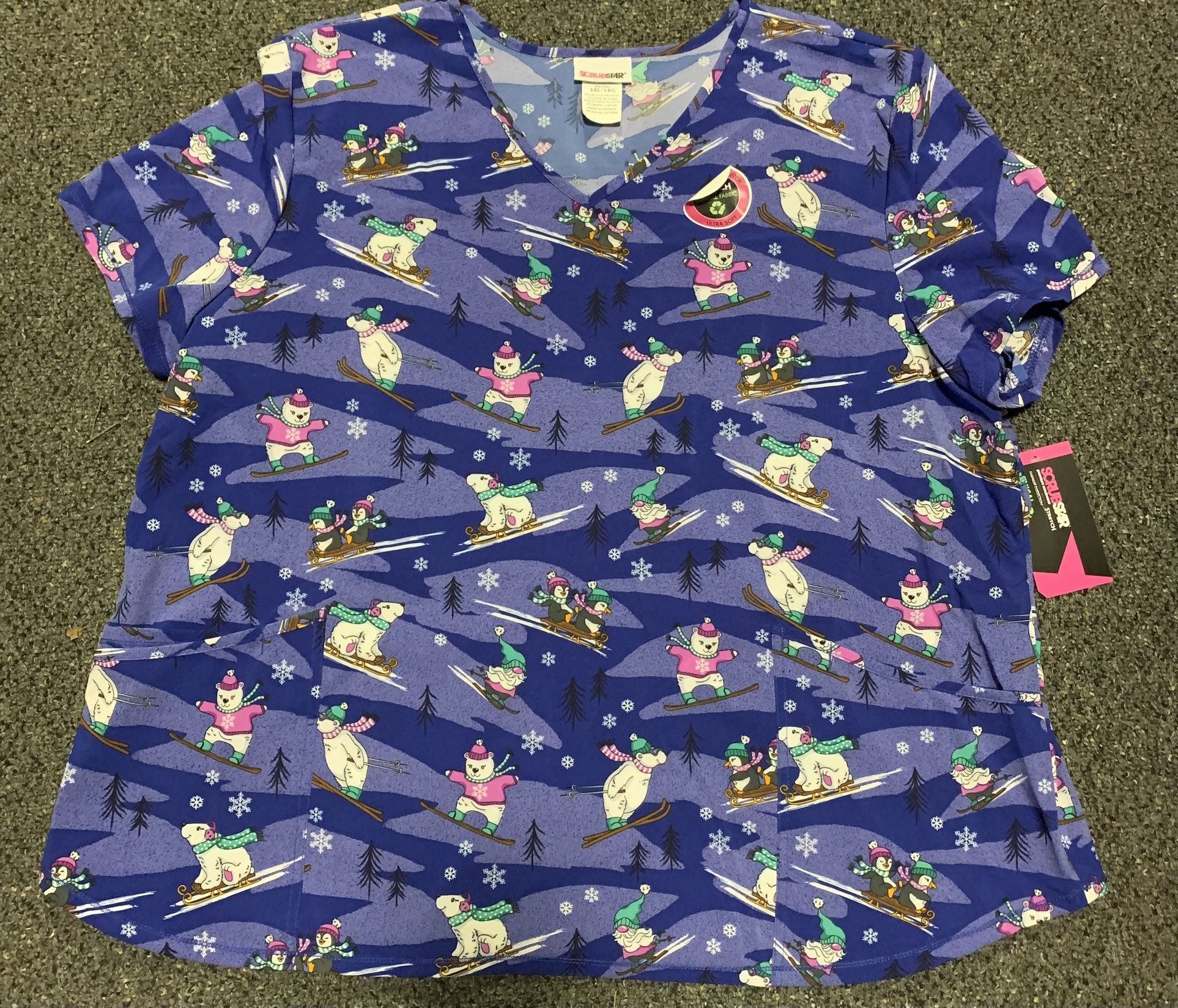 New Scrubstar women’s size Large Or Size 3X polar bears, penguins, gnomes skiing and sledding stretchy scrub top