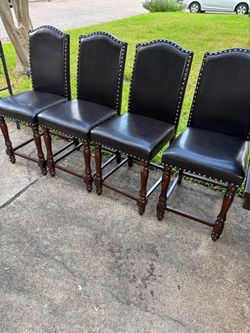 Table and Set of 4 Black Leather Counter Height