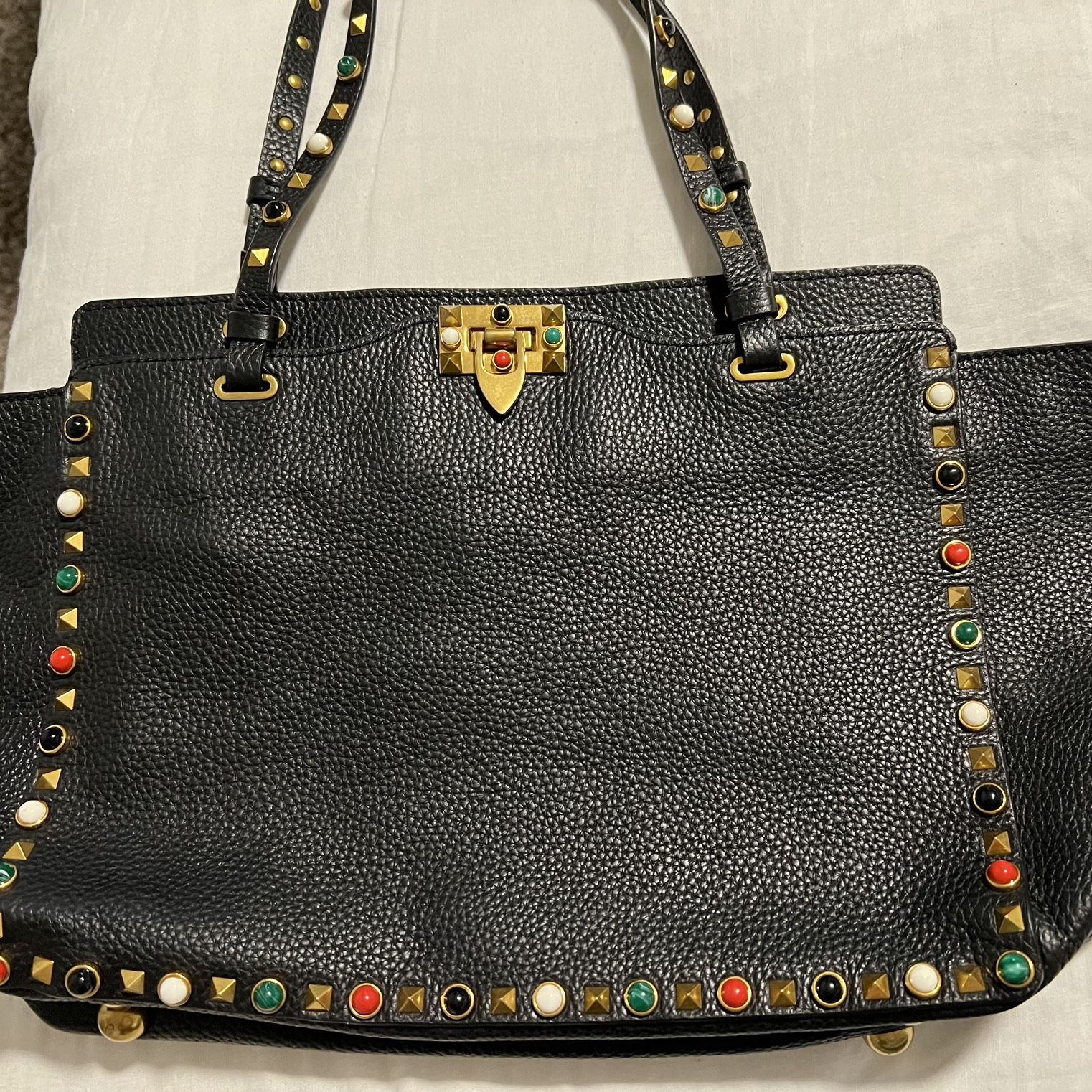 Valentino Garavani Rolling Rockstud Tote Calfskin Leather with Cabochons Large Authentic Guaranteed  