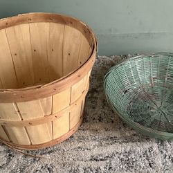 Vintage Wooden Apple Basket & Green Woven Basket Set