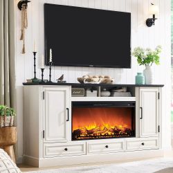 No fireplace Farmhouse Fireplace TV Stand for 80 Inch TV, Entertainment Center