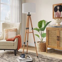 Threshold Tripod Floor Lamp with Shelf Modern Brown Wood Drum Shade 60"x20.25”