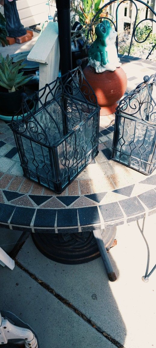 Vintage Pair Patio Candle Holders Wrought Iron