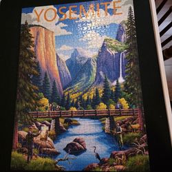 BOARDWALK  Puzzle Company 1000pc Jigsaw Puzzle" YOSEMITE " POSTER INCLUDED.  DOG AND SMOKE FREE HOME.  COMES IN STURDY CASE. PUT TOGETHER ONCE.