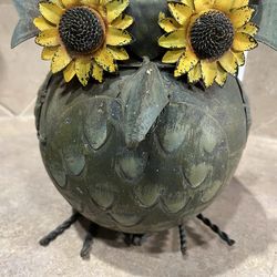 Vintage Handcrafted Metal Sculptured OWL Design Watering Can w/Metal Sunflower Eyes