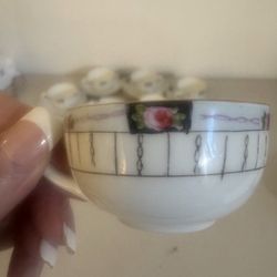 Rare Nippon, Demitasse Tea Set. Hand Painted Roses In Black With Gold Trim Very Rare Pattern.