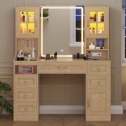 BTHFST Wood Vanity Desk with Touch Screen Mirror and Lights & Charging Station, Makeup Vanity with RGB Light Cabinets, 6 Drawers, 5 Jewelry Hooks, Van