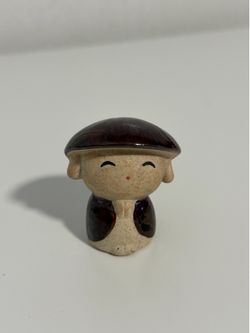 Cute Miniature Japanese Monk "Gratitude" Ceramic Figurine with Bowing Hat