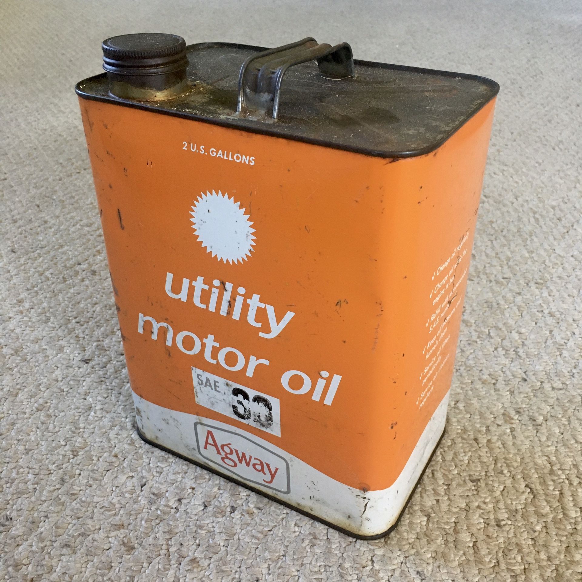 Vintage AGWAY Utility Motor Oil 2 Gallon Can SAE 30 - Syracuse NY