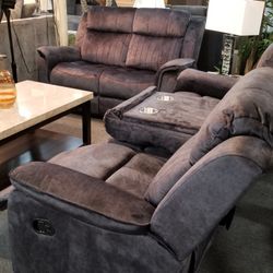 Brand New Blue Gray Fabric Manual Reclining Sofa + Loveseat 2PCs Set