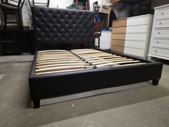 Dark Brown Leather Tufted Queen Size Platform Bed Frame