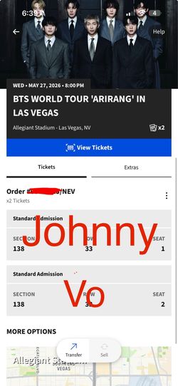 2x BTS World Tour Arirang - Las Vegas (Allegiant Stadium) - Wednesday 3/27