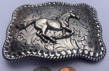 Vintage Metal Belt Buckle, Horse, Pony, Mustang, Nice Sparkly Stones Design, Nice Western Style Design, 3 3/4" x 2 3/4", Heavy Duty, Quality, Thick Me