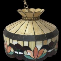 Vintage Tiffany Style Stained Glass Pendant Lamp  - 18" At 