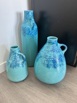 Set Of Three Blue Ceramic Vases 