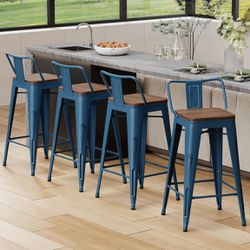 30" Metal Bar Stools Set of 4 Counter Height Barstools, Industrial Counter Stool Kitchen Bar Chairs with Modern Wooden Seat, Distressed Navy