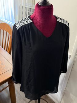 Bob Mackie Black V-Neck Blouse with Embroidered Shoulders