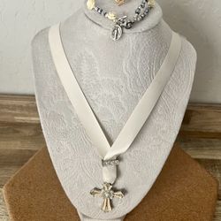 Vintage Cream Ribbon Cross Pendant, Bracelet & Ring