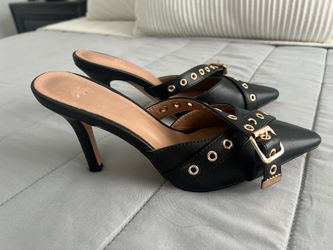 Black Pointed Toe Mule Heels Gold Grommet Strap Buckle Stiletto Slides Size 6.5