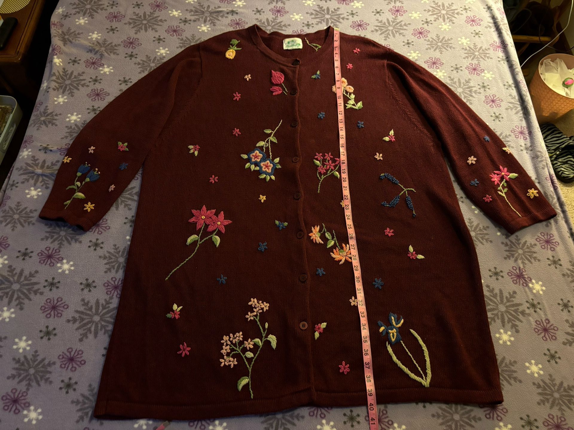Vintage Quacker Factory Long Sleeve Embroidered Extra Long Cardigan Sweater 3XL