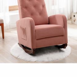 Pink velvet rocking chair with side pocket