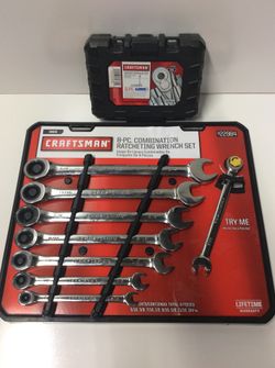 CRAFTSMAN 8-PC COMBINATION RATCHETING WRENCH SET AND SOCKET WRENCH SET.