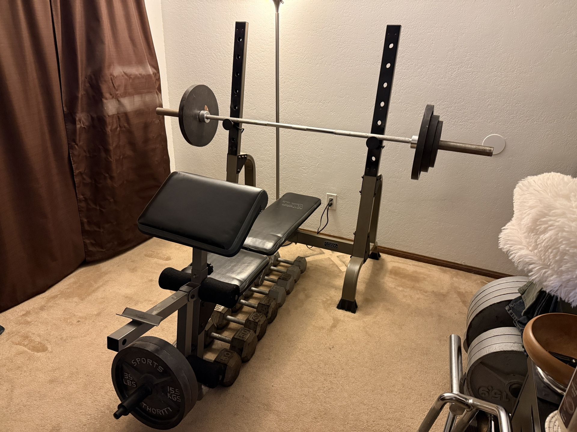 Bench Press, Olympic Weights, Hex Dumbells