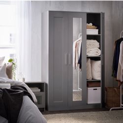 IKEA BRIMNES Wardrobe $100, Gray 3 doors, full length mirror, shelves, & clothing rack, 46x74 3/4 