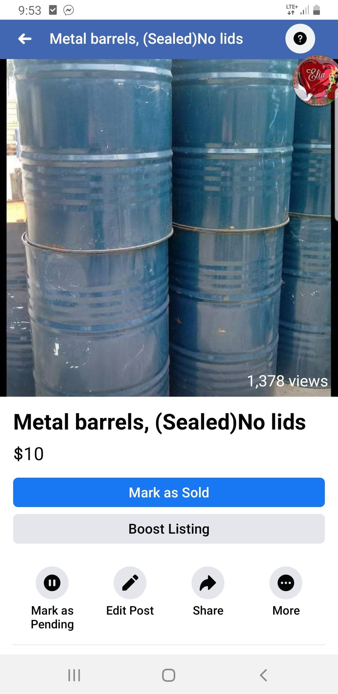 Metal barrels $10 each No lids