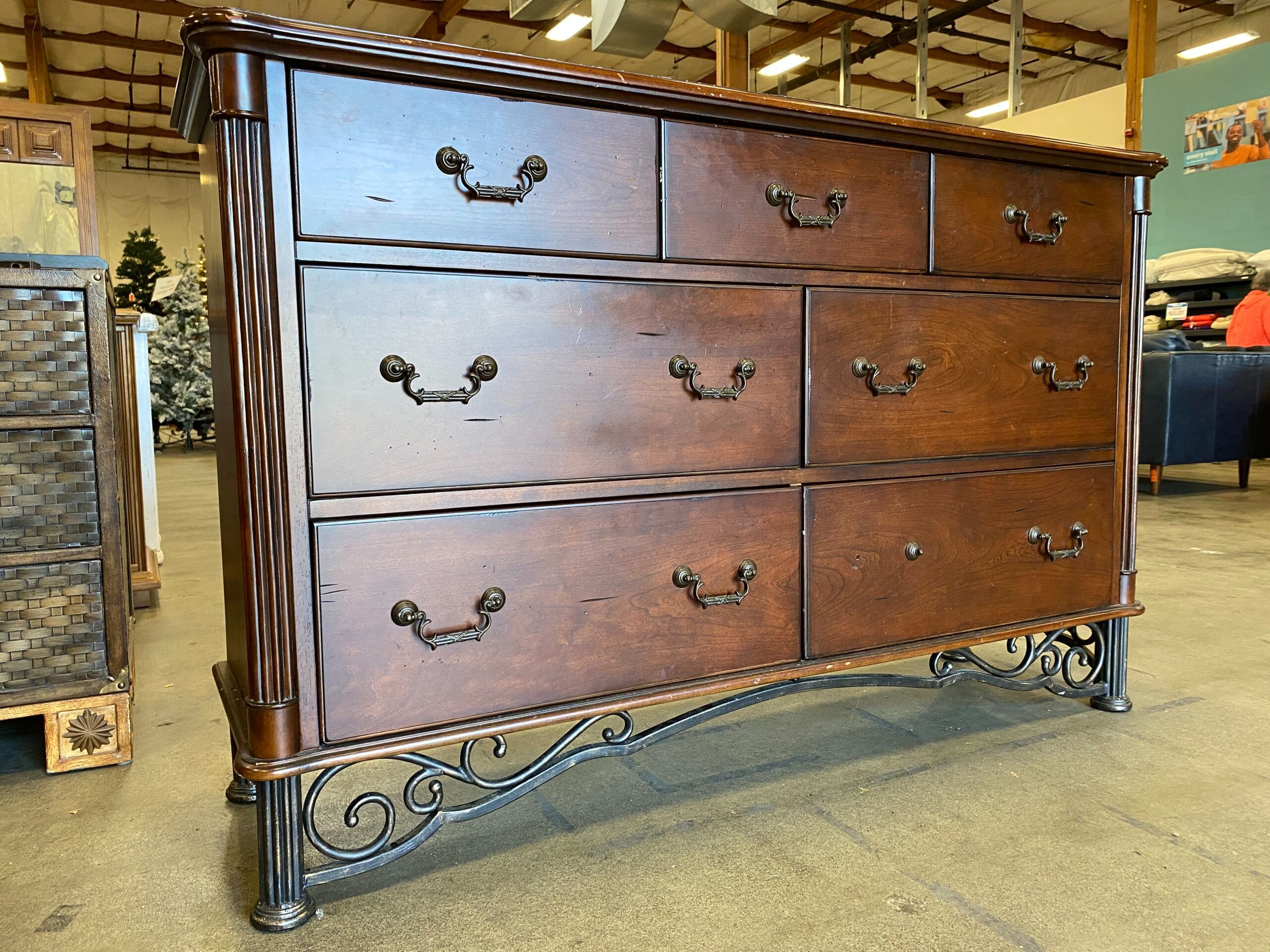 Wooden 7 Drawer dresser with Wrought Iron Frame and Mirror