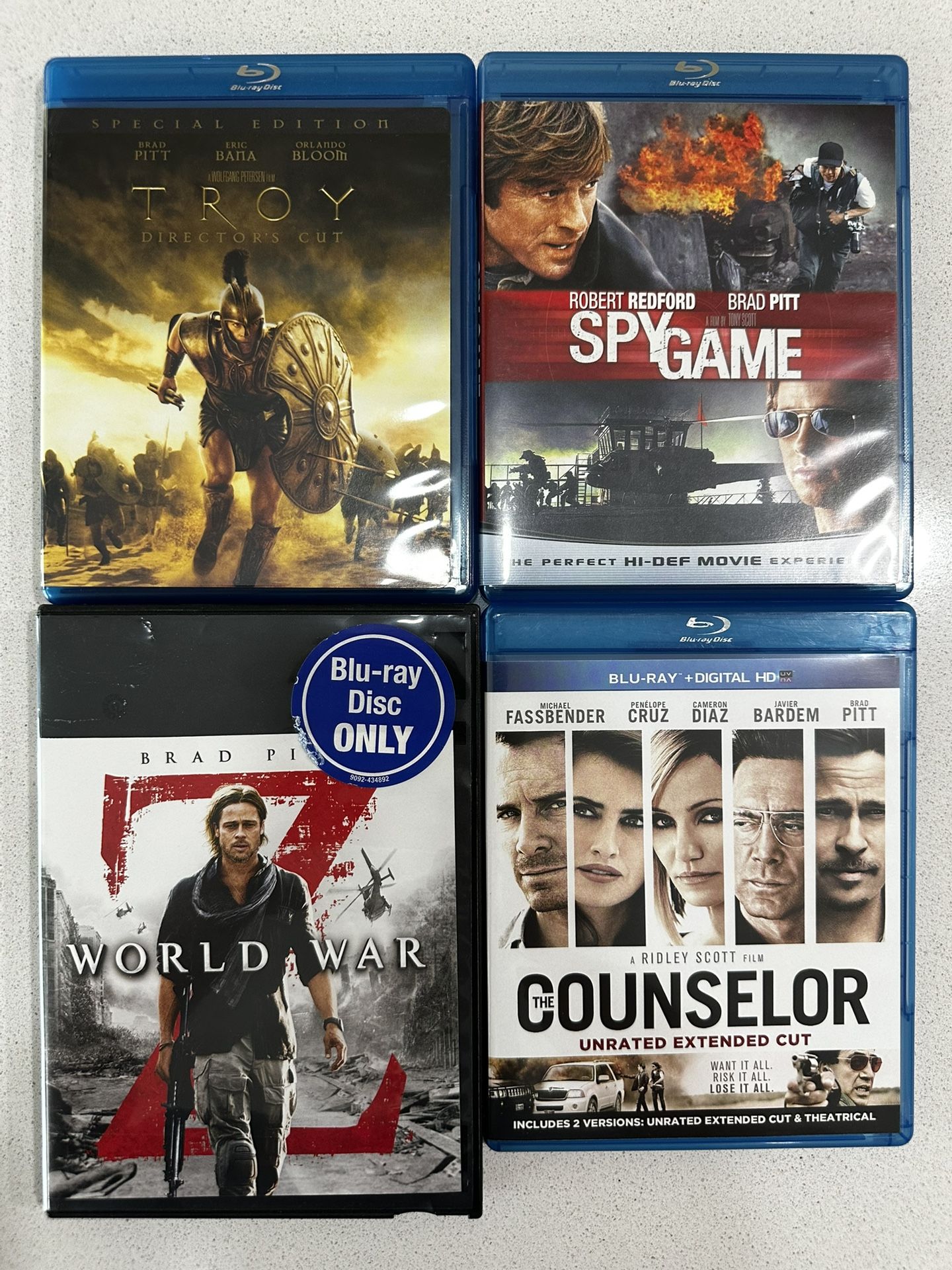 Set Of 4 Blue Ray Action Movies Starring Brad Pitt. Title Can Be Seen In Pics.