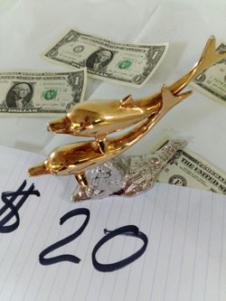 Double Dolphin 24 Karat Gold and Satin Nickel Plated Sculpture