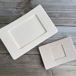 Partylite Cream Tan Linen Pillar Ceramic Minimalist Candle Holder Set Of 2