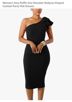 Black One-Shoulder Ruffle Bodycon Midi Dress