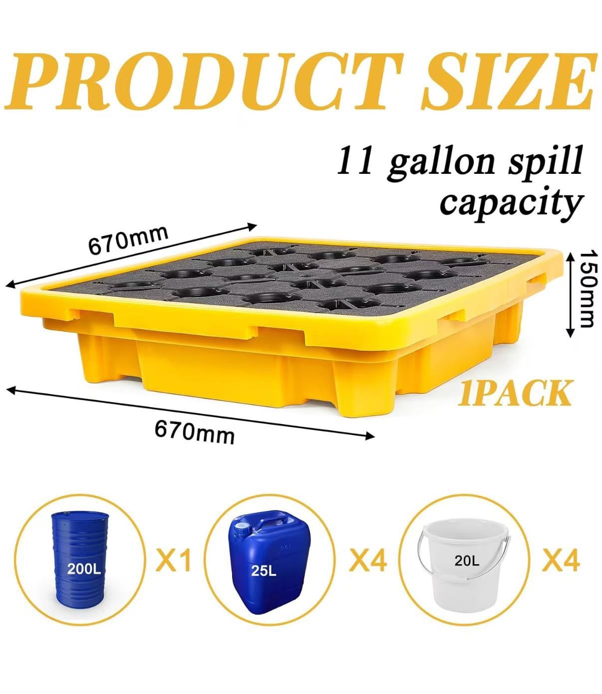 Thyle Spill Containment Platform Yellow and Black Modular Spill Containment Pallet with Drain, 1 Drum Capacity, 26.4 x 26.4 x 6 Inches