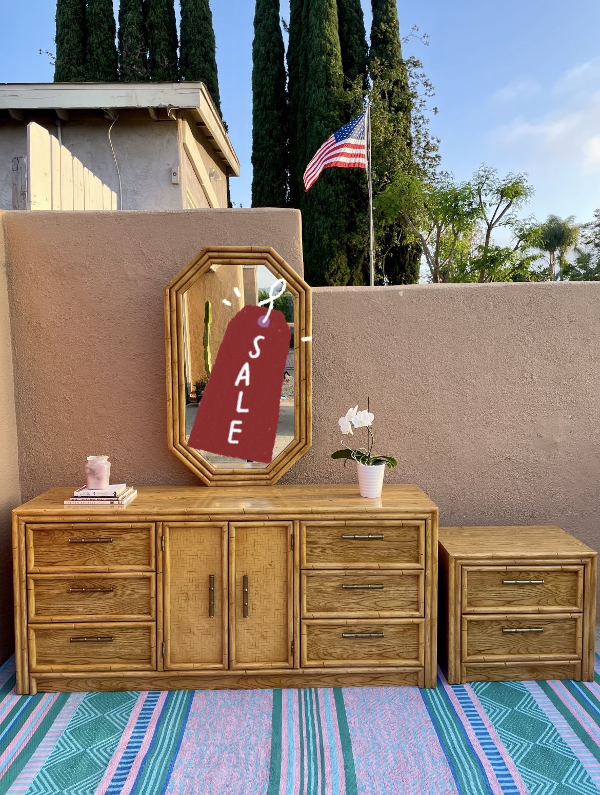 Dresser mirror nightstand bedroom set faux bamboo vintage mcm mid century modern tiki tropical retro