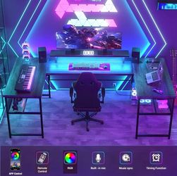 BLACK Unikito 130 Inch Computer Desk, DIY Sturdy U Shaped Office Desk with Smart Strip Light