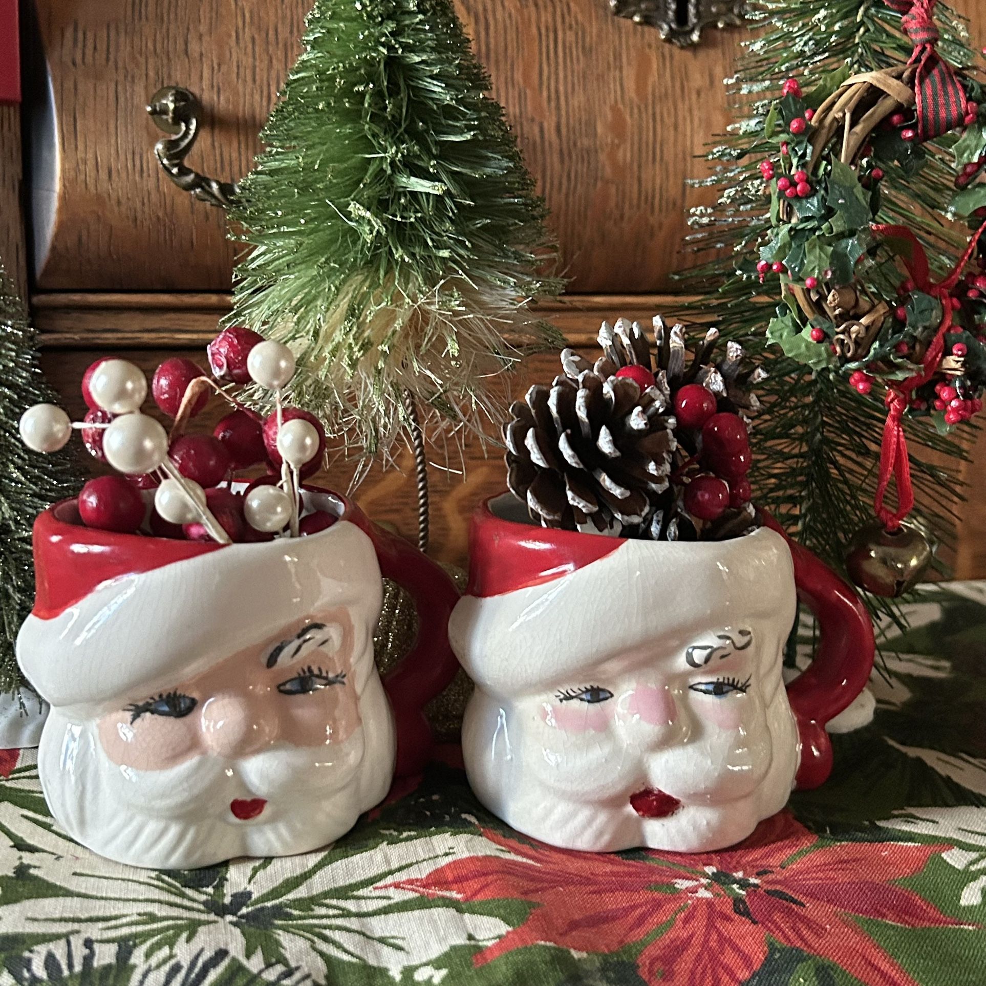 Vintage Original Mid Century Ceramic Santa Mugs (Pair) — 3” 