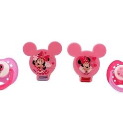 Disney Cudlie Minnie Mouse Baby Girl 4 Pack of 2 Pacifiers & 2 Clips with Hearts