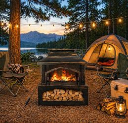 37" Fire Pits with Wood Storage for Outside, Large Wood Burning Outdoor Fireplace with Chimney, Mesh Spark Screen & Fire Poker, Idea for Backyard, Pat