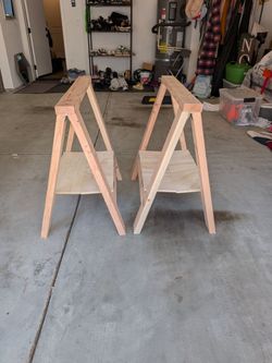 Heavy-Duty Folding Wooden Sawhorses (Pair) w/ Bottom Tool Shelves